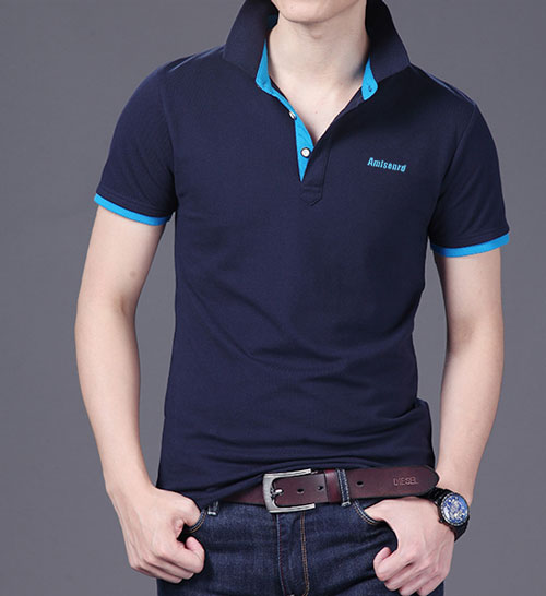 精棉萊卡高檔POLO衫定做，藏青色搭配天藍色款式圖