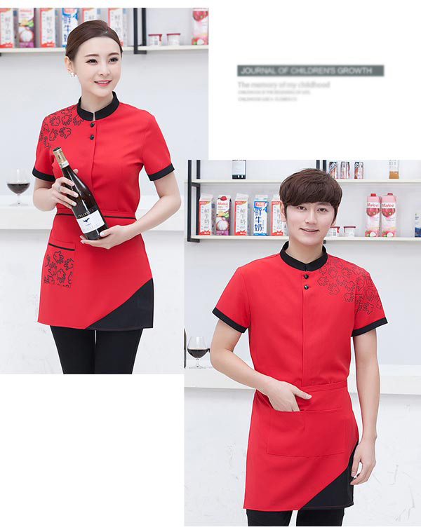 紅色短袖餐飲服務員工作服訂做款式圖