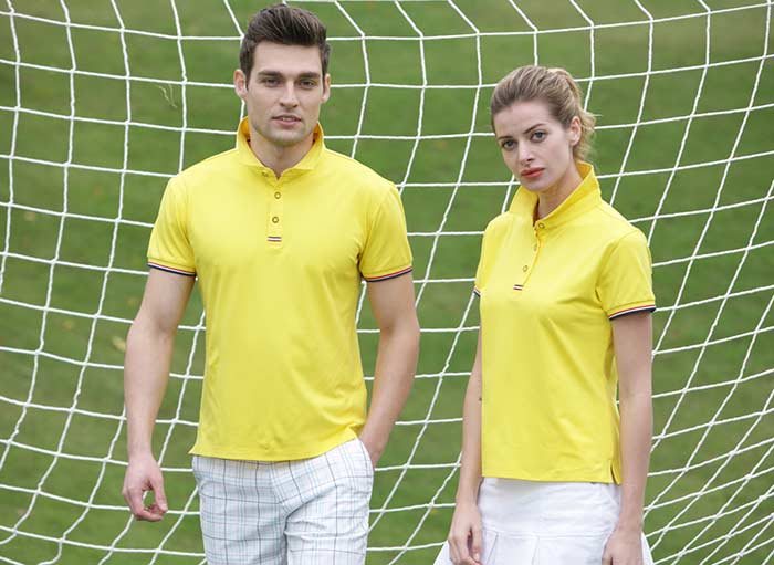 醒目黃色皇家貴族系列翻領短袖T恤衫訂做男女模特展示圖